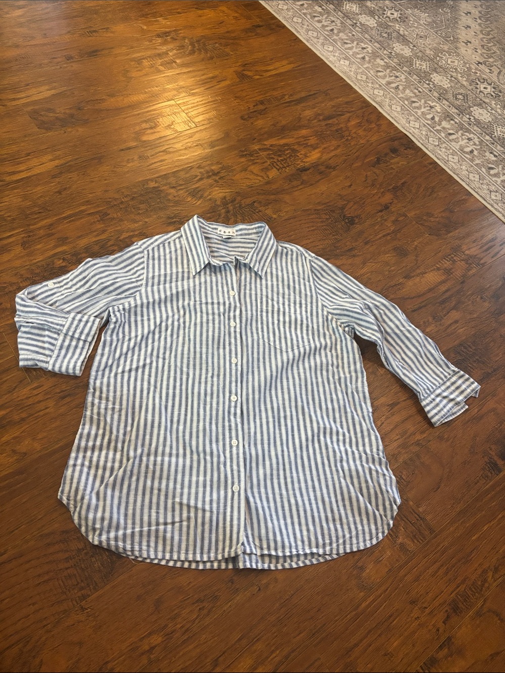 Dash Striped 100% Cotton‎ Button Down Shirt L Tunic Top Minimalist chambray